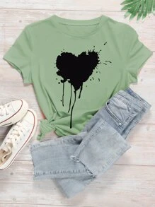 Camiseta con estampado de salpicadura de pintura y corazón - grande - Verde - Ver 1