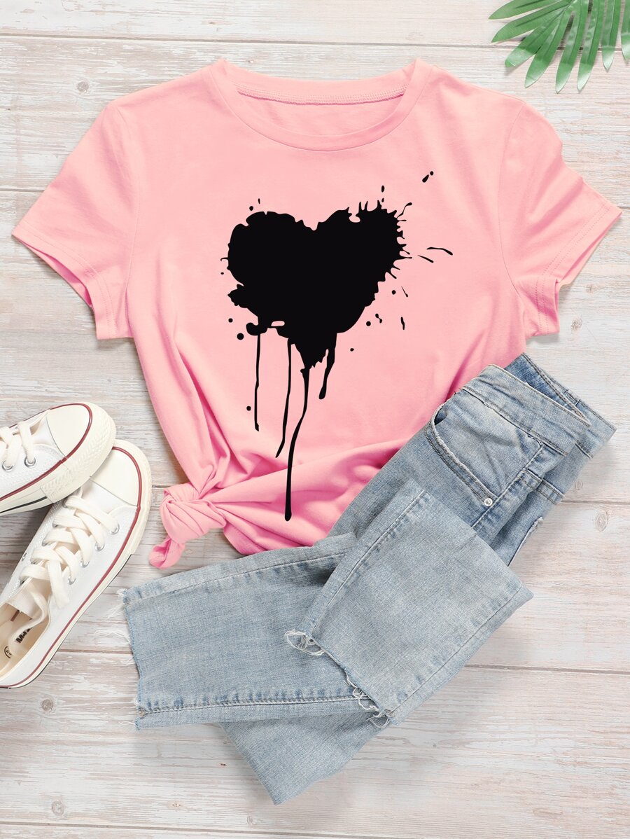 Camiseta con estampado de salpicadura de pintura y corazón - grande - Rosa - Ver 1