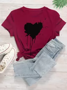Camiseta con estampado de salpicadura de pintura y corazón - grande - Burdeos - Ver 1