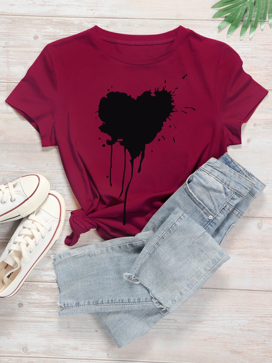 Camiseta con estampado de salpicadura de pintura y corazón - grande - Burdeos - Ver 1