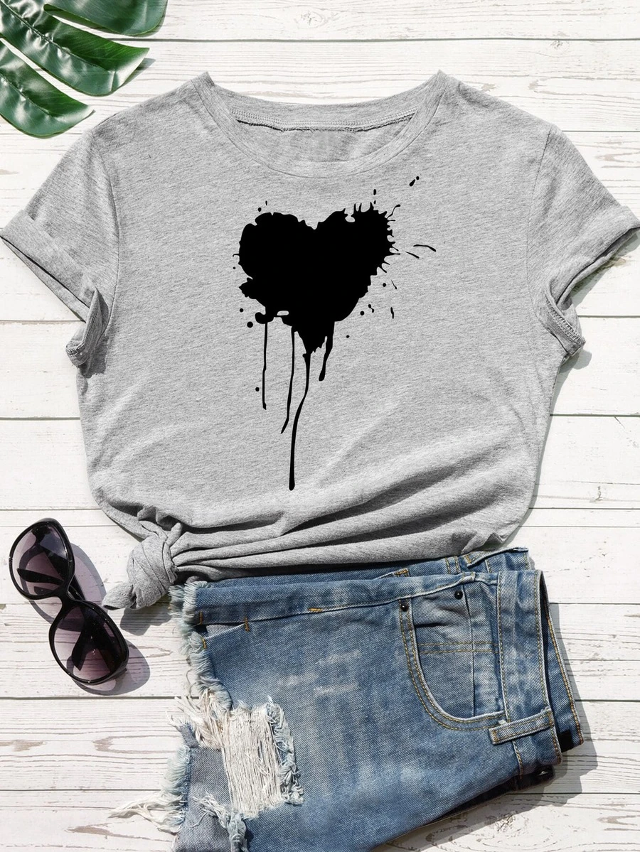 Camiseta con estampado de salpicadura de pintura y corazón - grande - Gris - Ver 1