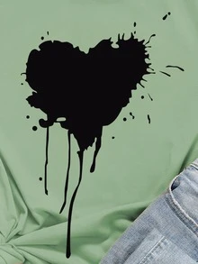 Camiseta con estampado de salpicadura de pintura y corazón - grande - Verde - Ver 4