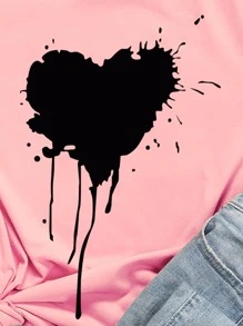 Camiseta con estampado de salpicadura de pintura y corazón - grande - Rosa - Ver 4