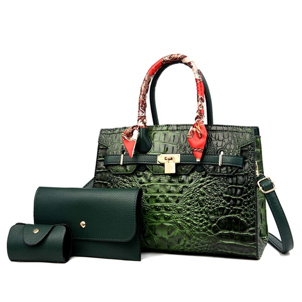 

3pcs Textured Twilly Scarf Decor Top Handle Bag, Green