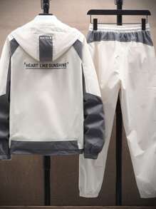 Men Slogan Graphic Contrast Panel Hooded Jacket & Trousers - Beige - View 3