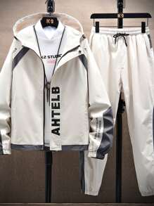 Men Slogan Graphic Contrast Panel Hooded Jacket & Trousers - Beige - View 4
