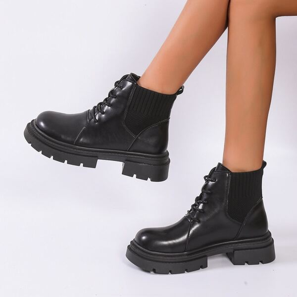 

Lace-up Front Ankle Combat Boots, Black