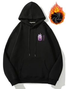 Manfinity Men Milk Tea And Letter Graphic Thermal Lined Drawstring Hoodie - Black - View 2