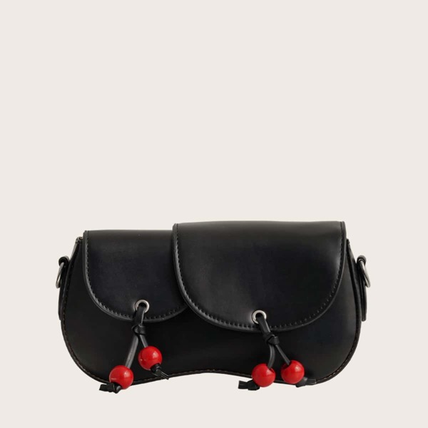 

Beaded Decor Flap Baguette Bag, Black