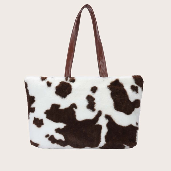 

Cow Pattern Fluffy Tote Bag, Brown