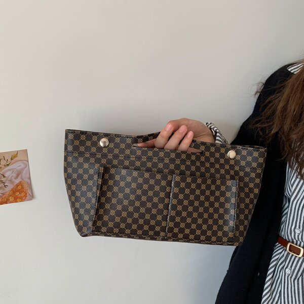 

Allover Print Studded Decor Bag Insert, Coffee brown