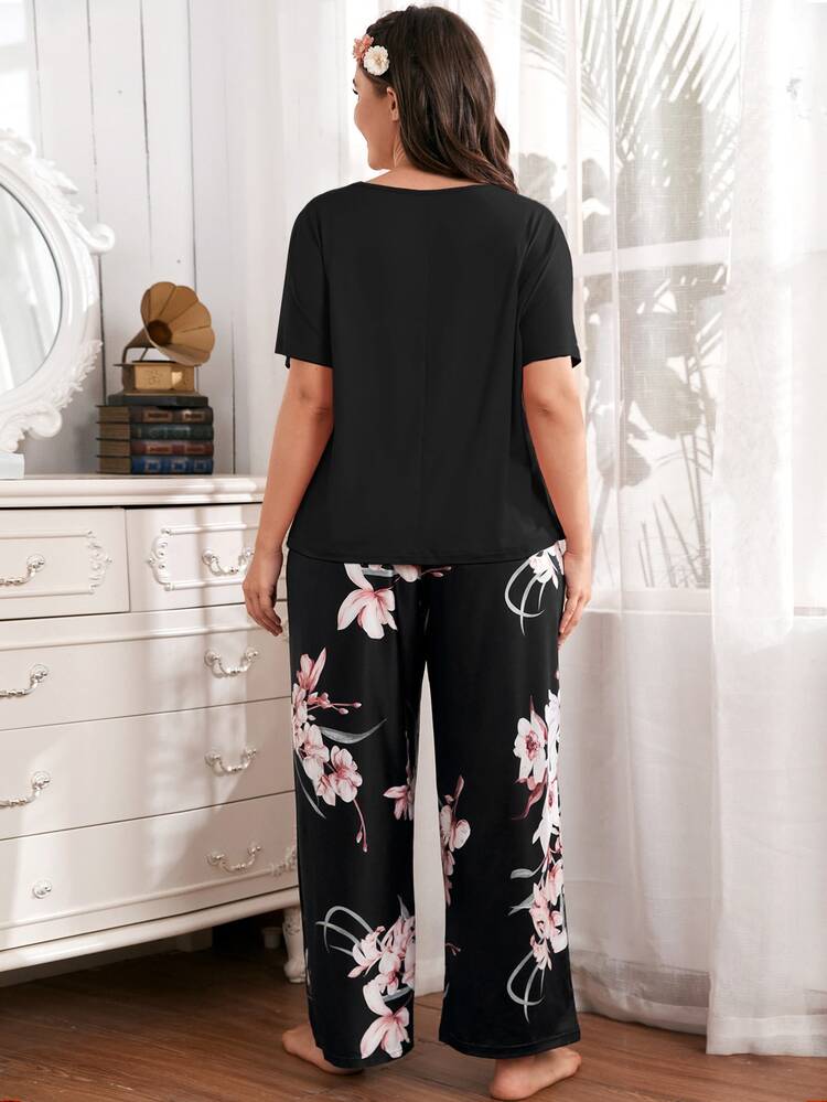 Conjunto de pijama con estampado floral - Negro - Añade 2