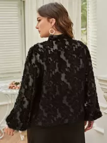 Modelyn Plus Lantern Sleeve Tie Neck Fuzzy Blouse - Black - View 2