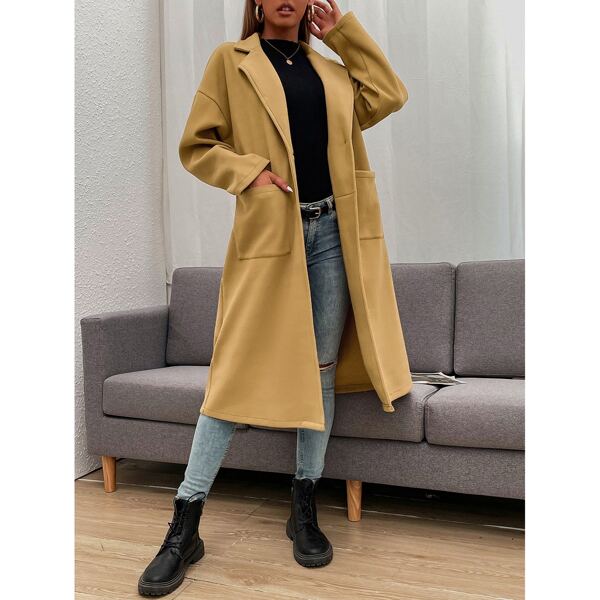 

Double Pocket Lapel Neck Drop Shoulder Overcoat, Khaki