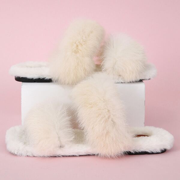 

Minimalist Fluffy Flat Sandals, Beige