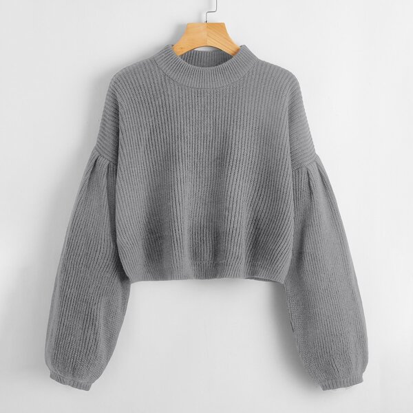 

Plus Lantern Sleeve Crop Sweater, Grey