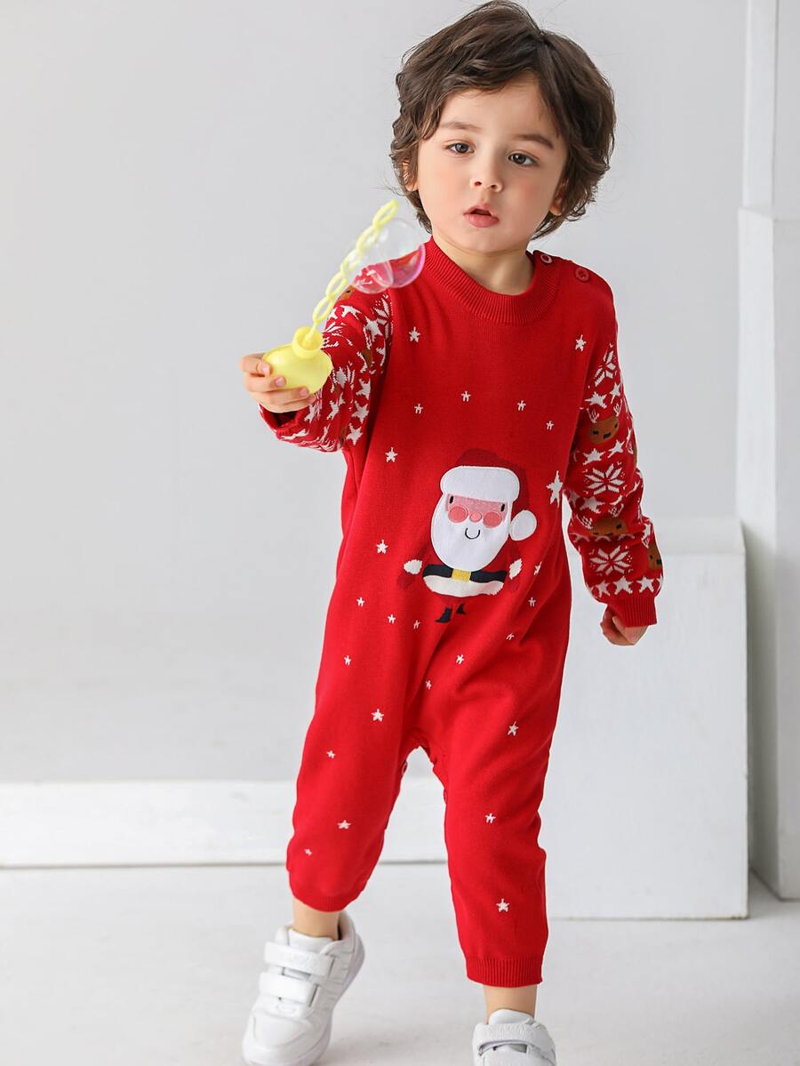 嬰兒聖誕老人和星星圖案針織連身褲 - 紅色 - 查看 1