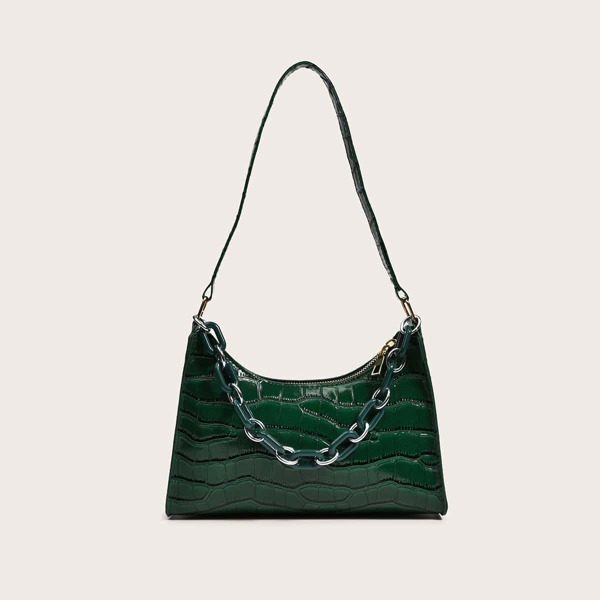 

Crocodile Embossed Chain Baguette Bag, Green