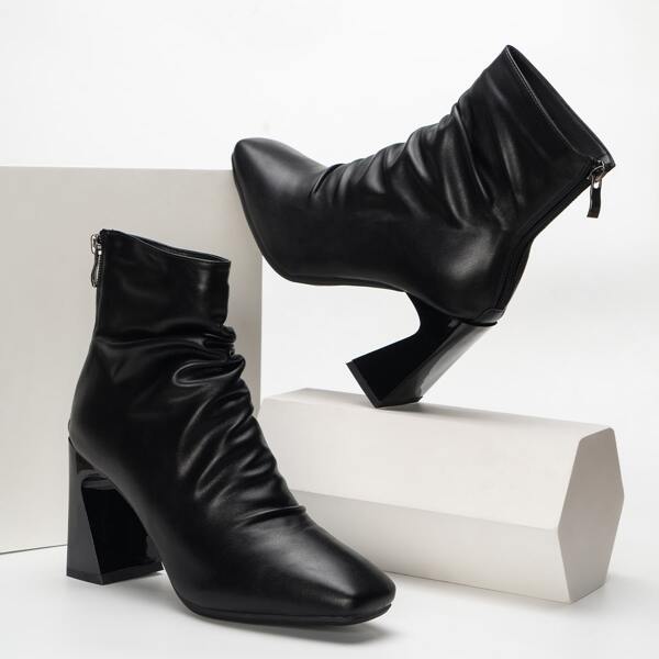 

Ruched Design Back Zipper Sculptural Heeled Classic Boots, Black