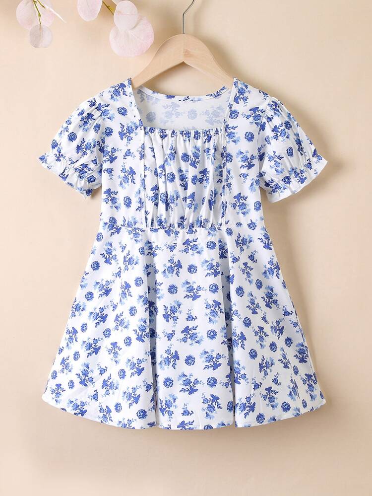 Niñitas Vestido con estampado floral pecho con fruncido de cuello cuadrado de manga farol - Azul y blanco - Añade 1