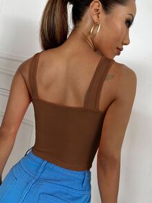 SHEIN Essnce V Neck Rib-Knit Crop Tank Top, Suitable For Summer - Coffee Brown - View 2