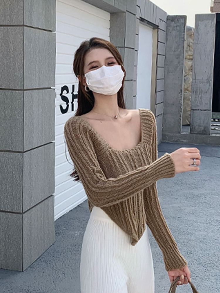 無地柄 スクエアネック 先端 ヘム セーター - カーキ - 見る 1