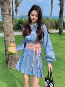 Gaun Kemeja dengan Sabuk Korset Polos - Biru - View 5