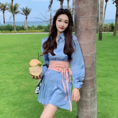 솔리드 튜닉 벨트 셔츠 원피스