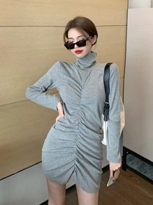 เดรสรัดรูป ของแข็ง จับจีบ - สีเทา - ดู 1