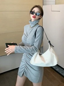 เดรสรัดรูป ของแข็ง จับจีบ - สีเทา - ดู 2