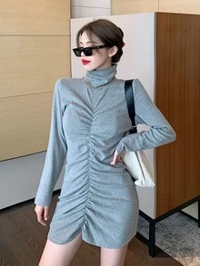 เดรสรัดรูป ของแข็ง จับจีบ - สีเทา - ดู 3