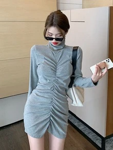 เดรสรัดรูป ของแข็ง จับจีบ - สีเทา - ดู 5