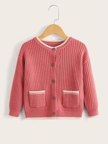 Toddler Girls Contrast Trim Drop Shoulder Cardigan - Watermelon Pink - View 1