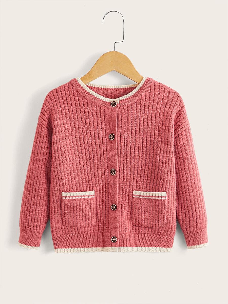 Toddler Girls Contrast Trim Drop Shoulder Cardigan - Watermelon Pink - View 1