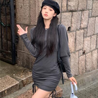 스키니 원피스 솔리드 스트링 셔링