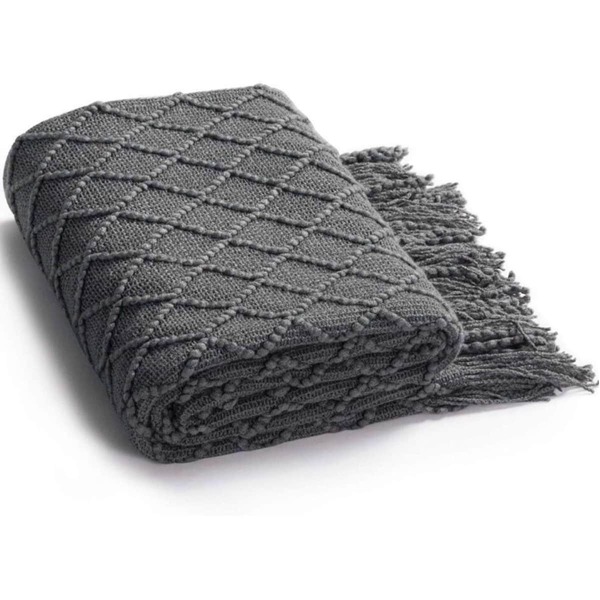 

Geometric Pattern Tassel Decor Blanket, Dark grey