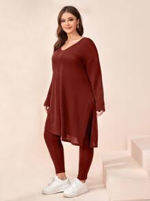 Mulvari Burgundy Red Plus Ribbed Knit Drop Shoulder Split Top & Leggings - Burgundy - View 3