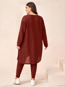 Mulvari Burgundy Red Plus Ribbed Knit Drop Shoulder Split Top & Leggings - Burgundy - View 2