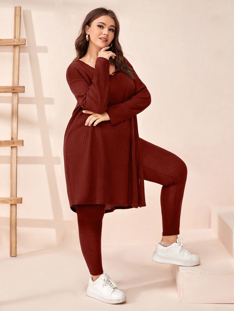 Mulvari Burgundy Red Plus Ribbed Knit Drop Shoulder Split Top & Leggings - Burgundy - View 1