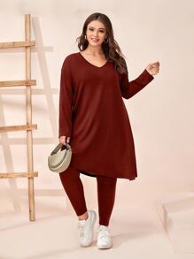 Mulvari Burgundy Red Plus Ribbed Knit Drop Shoulder Split Top & Leggings - Burgundy - View 4