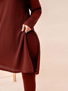 Mulvari Burgundy Red Plus Ribbed Knit Drop Shoulder Split Top & Leggings - Burgundy - View 5