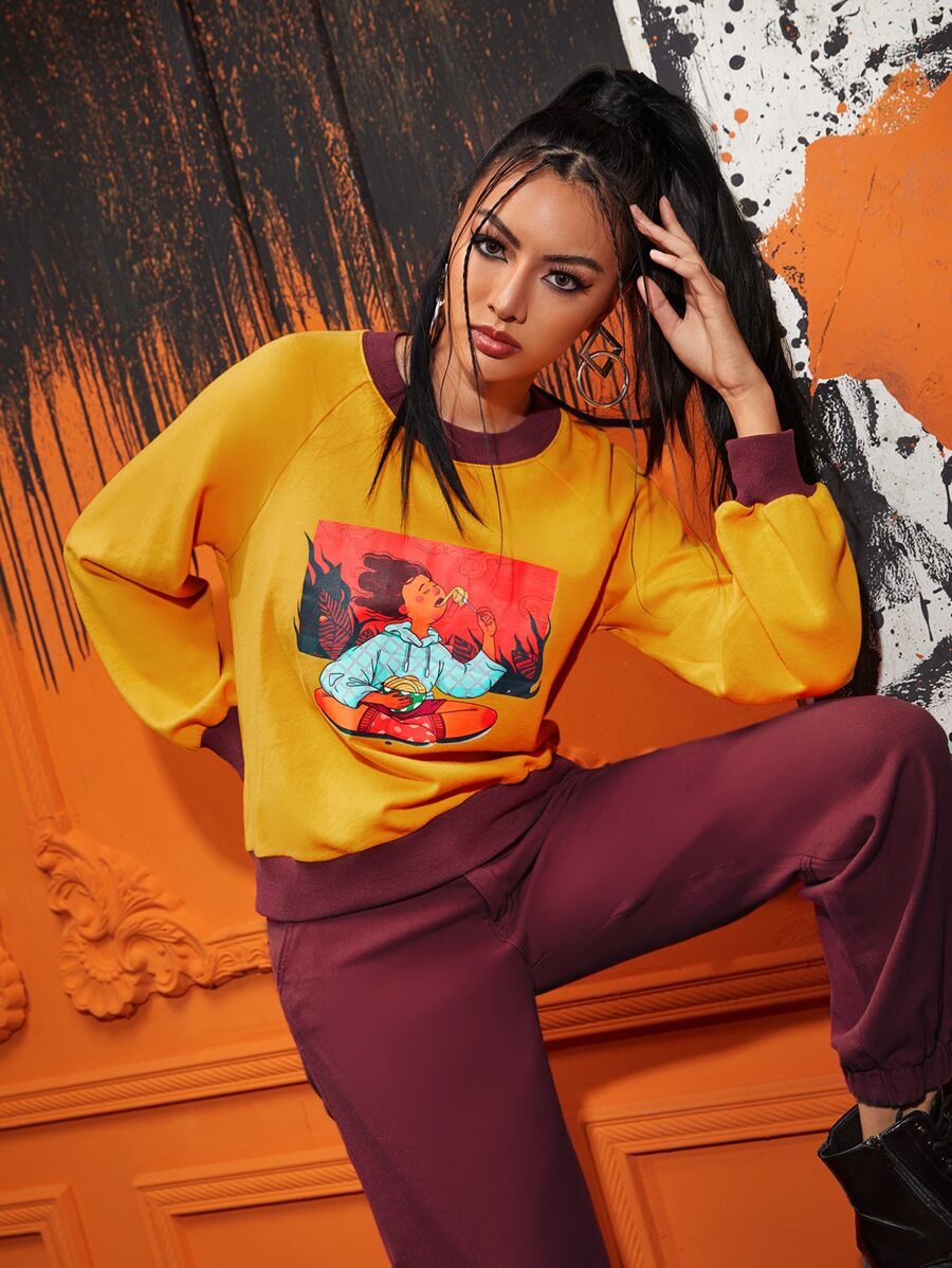 Polly Nelson Raglan Sleeve Figure Graphic Sweatshirt - Mustard Yellow - View 1
