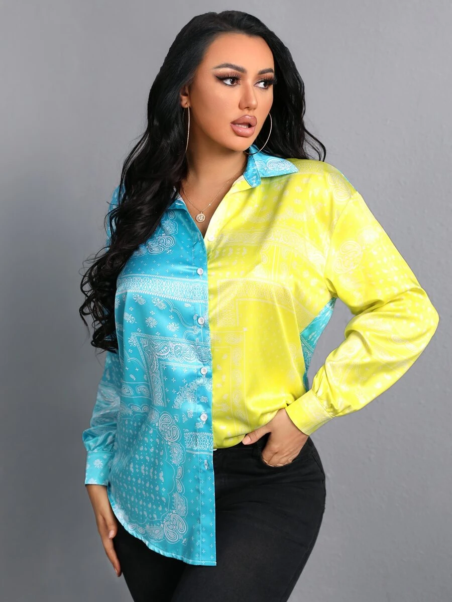 Paisley Print Colour Block Drop Shoulder Shirt - Multicolor - View 1