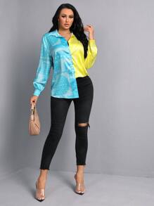 Paisley Print Colour Block Drop Shoulder Shirt - Multicolor - View 3