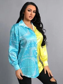 Paisley Print Colour Block Drop Shoulder Shirt - Multicolor - View 4
