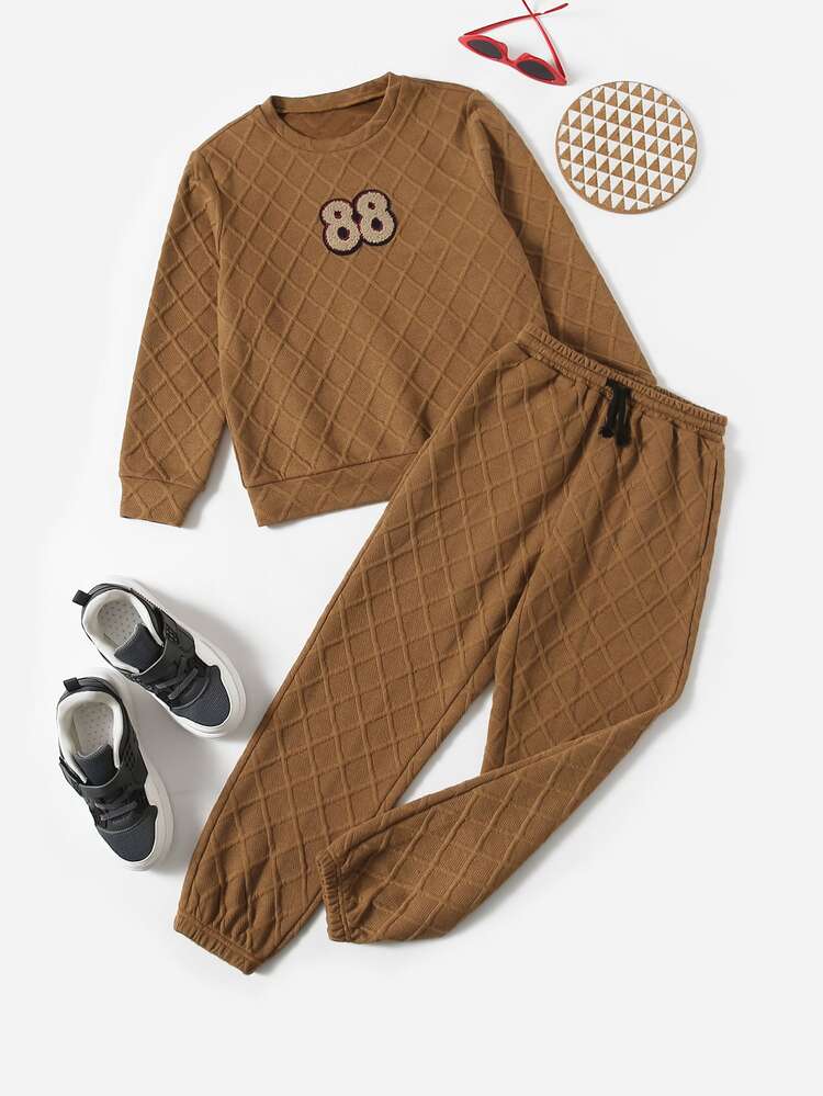 Boys Letter Patched Argyle Textured Pullover & Drawstring Waist Sweatpants