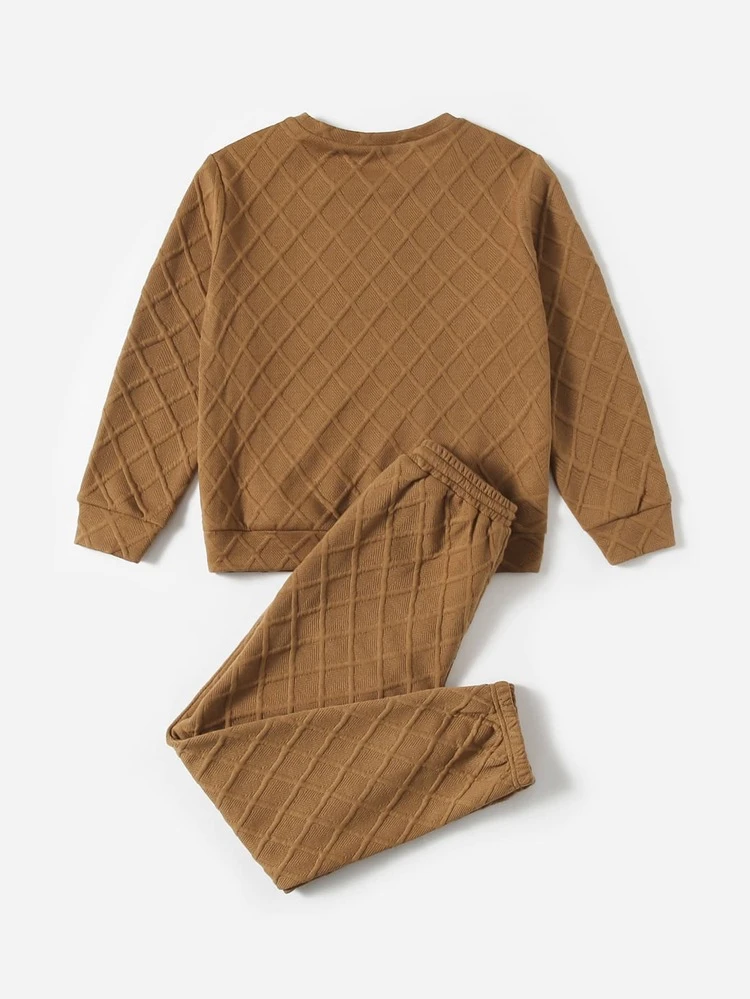 Boys Letter Patched Argyle Textured Pullover & Drawstring Waist Sweatpants