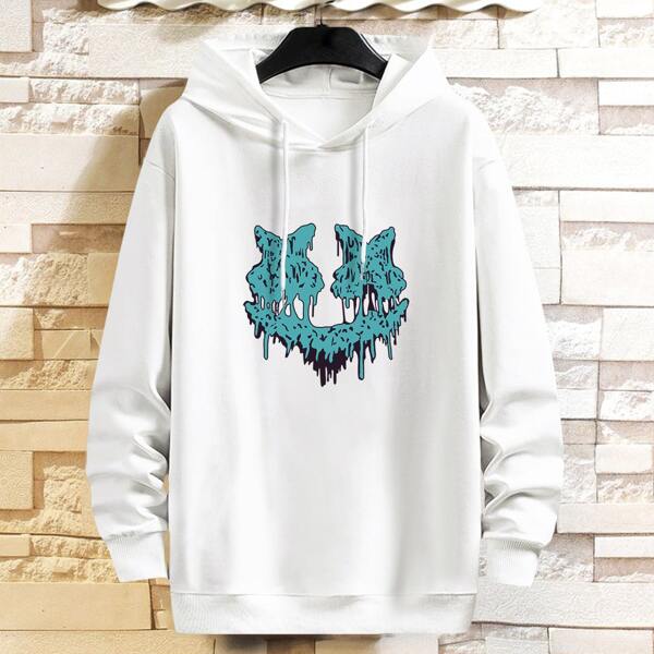 

Men Graphic Print Drop Shoulder Drawstring Hoodie, White