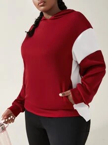 Plus Two Tone Drop Shoulder Sports Hoodie - Burgundy - View 3