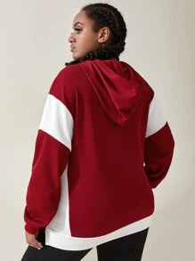 Plus Two Tone Drop Shoulder Sports Hoodie - Burgundy - View 2